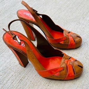 Prada Tan Leather With Orange Patent Slingback Heels RARE!